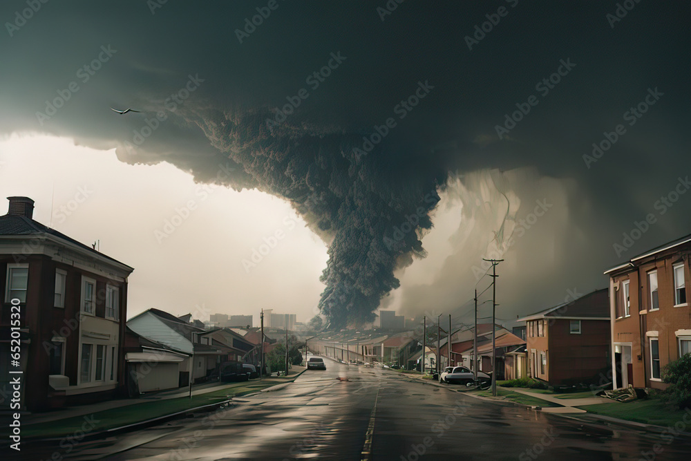 Photo of a terrible tornado in the city.