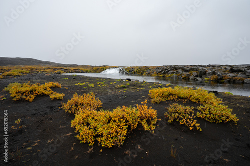 Grafarlandsfoss falls amidst colorful autumn vegetation and black lava fields on road F88 in highlands of northern Iceland. photo