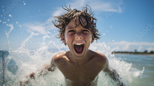 A little boy playing in the water on the sea splashing water © MP Studio