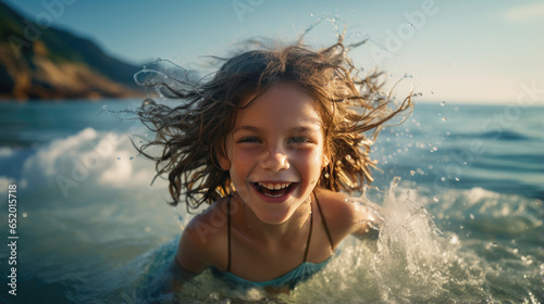 A little girl playing in the water on the sea splashing water