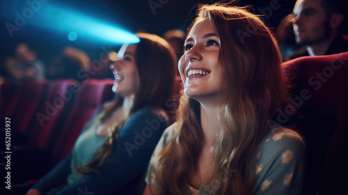 Happy smiling woman sitting in a movie theater and watching a movie. © MP Studio