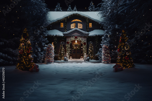 Beautifully decorated Christmas two-story house. Garlands, lamps, Christmas trees, wreaths and decorations.