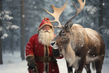 Cheerful Santa Claus strokes a deer against the backdrop of the forest. Christmas background.