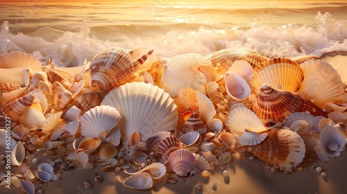 A captivating shell beach during sunrise seashell. aesthetic pearls background.