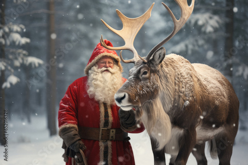 Cheerful Santa Claus strokes a deer against the backdrop of the forest. Christmas background.