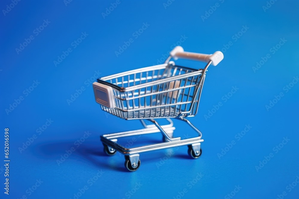 Toy shopping cart on blue background Toy shopping cart on blue background