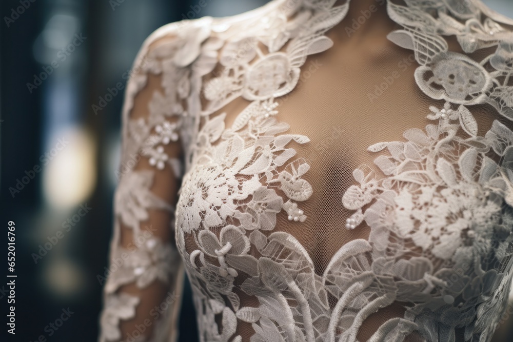 A close-up view of a wedding dress on a mannequin. This picture can be used for bridal fashion websites or magazines, wedding planning blogs, and dressmaker portfolios. A close-up view of a wedding dress on a mannequin. This picture can be used for bridal fashion websites or magazines, wedding planning blogs, and dressmaker portfolios.