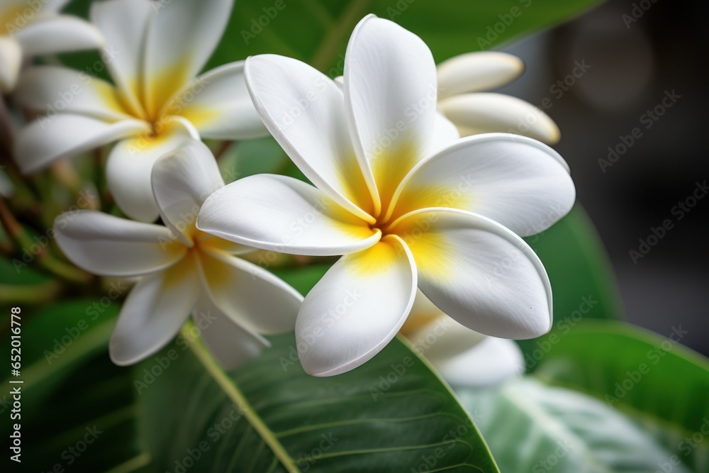 Obraz premium A beautiful bunch of white and yellow flowers with vibrant green leaves. Perfect for adding a touch of elegance and freshness to any project or design.