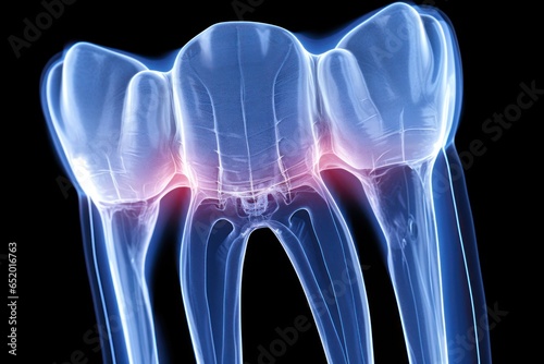 An x-ray image showing the internal structure of a tooth. This image can be used by dentists, dental hygienists, or dental students for educational purposes or to discuss dental health and treatments.