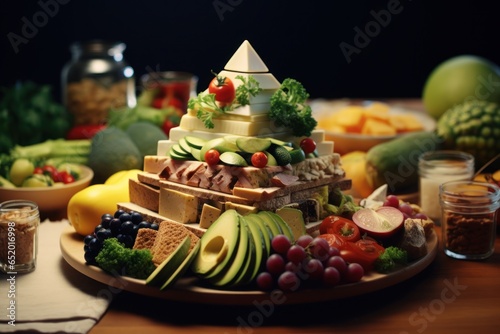 A platter of various fruits and vegetables displayed on a table. Suitable for healthy eating concepts and food-related designs.