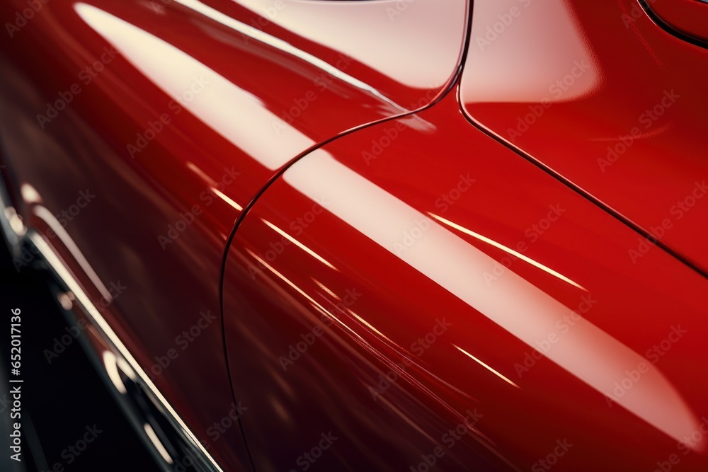 A close-up view of a shiny red car. This picture can be used to showcase the sleek design and vibrant color of a luxury vehicle. - obrazy, fototapety, plakaty 