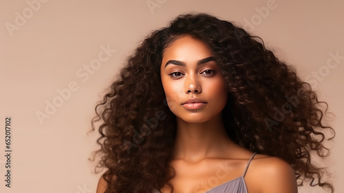 Portrait of a beautiful brunette african woman with long wavy hair. generative ai