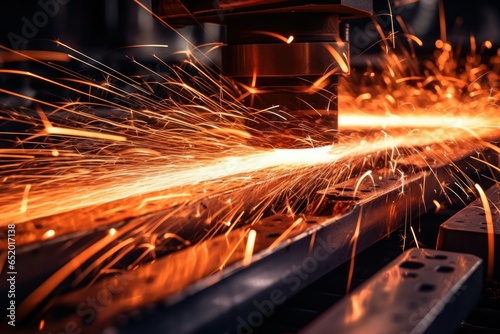 A picture capturing the sparks flying from a machine in a factory. This image can be used to illustrate industrial processes or the concept of manufacturing.