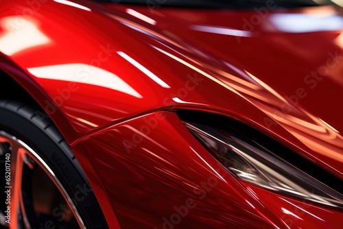 A detailed view of a shiny red sports car. This image can be used to showcase luxury, speed, and automotive design. © Fotograf