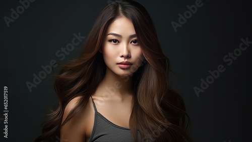 Portrait of a beautiful brunette asian woman with long wavy hair.generative ai