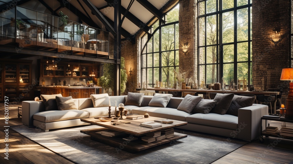 Loft interior design featuring a modern living room
