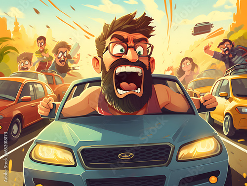 congested city, traffic jam, nervous driver, generative ai