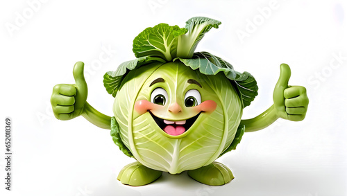 Happy Cabbage character gives thumbs up using both hands, funny cartoon cabbage character showing thumbs up with white background photo