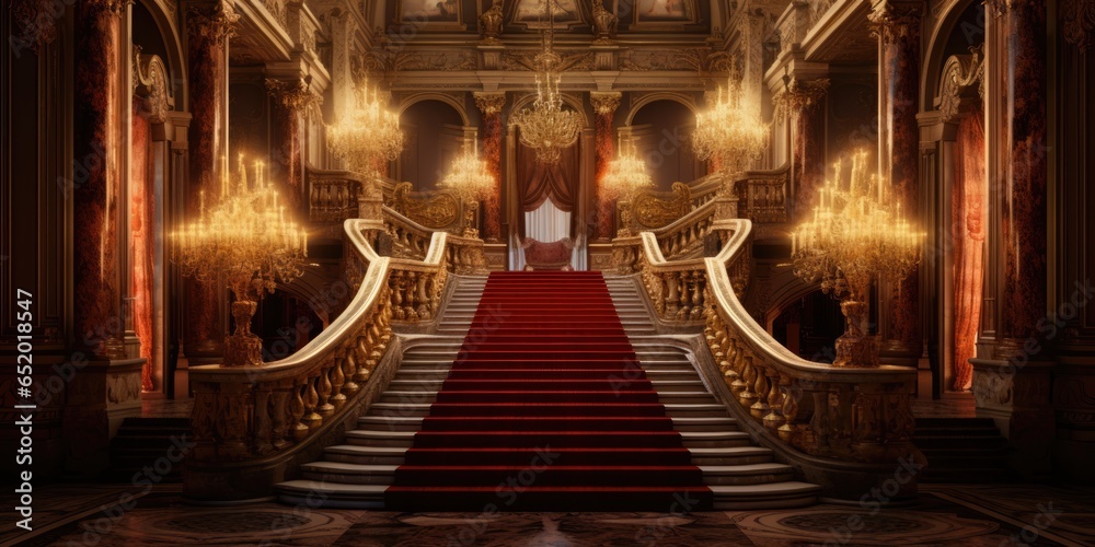 A Depiction Of A Royal Palace Hallway Complete With Stairs Illuminated At Night