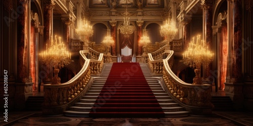 A Depiction Of A Royal Palace Hallway Complete With Stairs Illuminated At Night