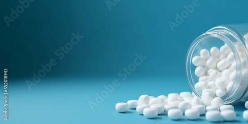 White pills from plastic medicine bottle on blue background.generative ai