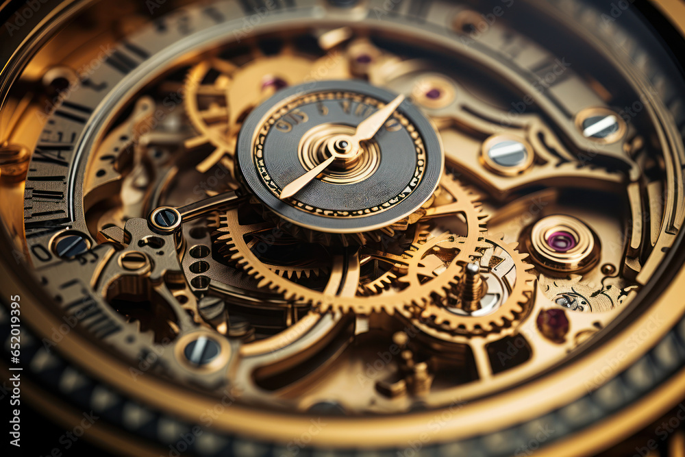 A close-up of gears and cogs turning inside a vintage industrial clock. Concept of precise timekeeping. Generative Ai.