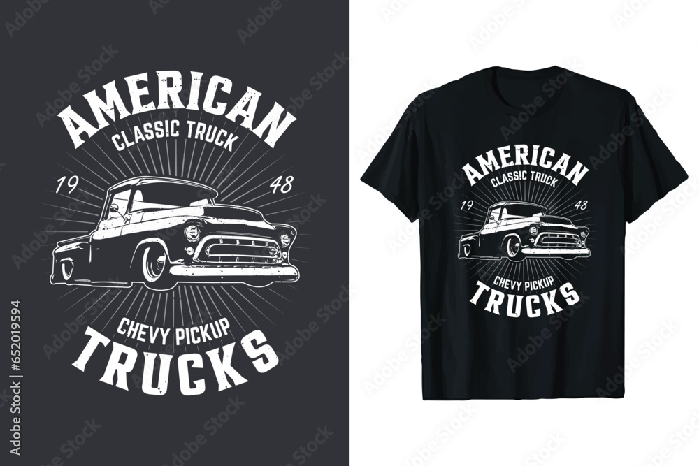 American Chevy Pickup Classic Trucks Vector Custom T-Shirt Design. Vintage Chevy truck graphic t-shirt template. old truck vectors tshirt. - obrazy, fototapety, plakaty 