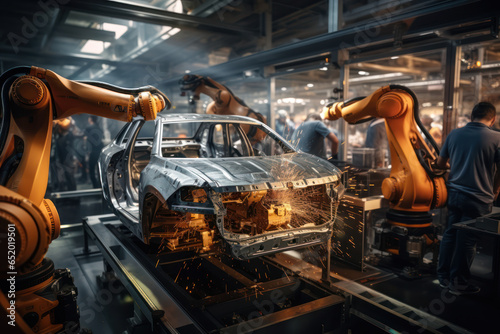 A bustling automotive assembly line with robots and workers assembling cars with precision. Concept of automotive manufacturing. Generative Ai. © Sebastian