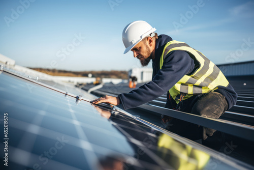 A technician inspecting solar panels on a rooftop installation. Concept of solar energy production. Generative Ai