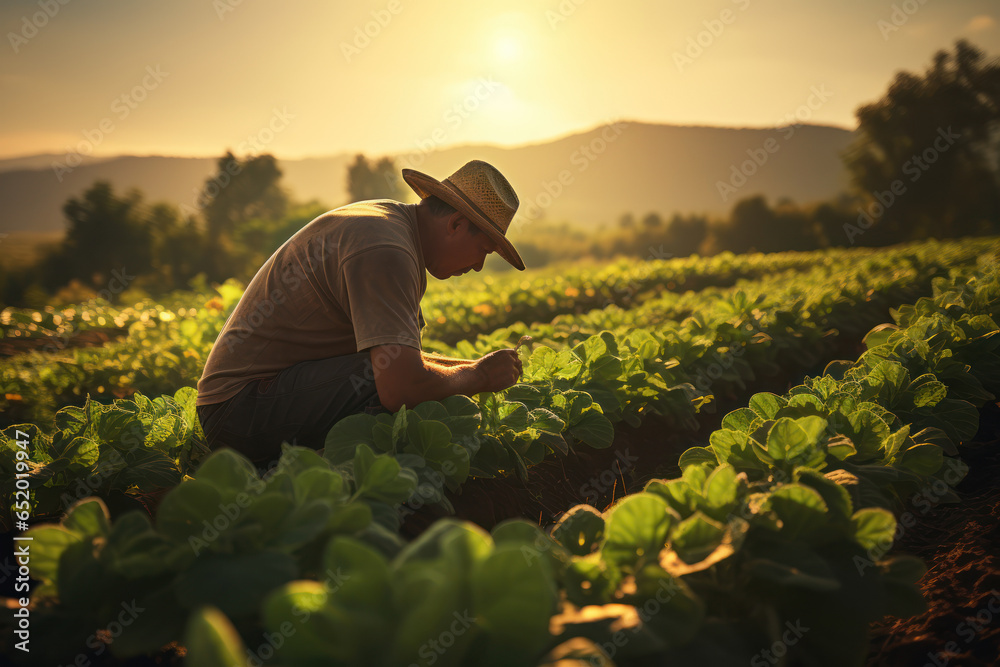 A farmer tending to rows of crops in a sunlit field. Concept of agriculture. Generative Ai. A farmer tending to rows of crops in a sunlit field. Concept of agriculture. Generative Ai.