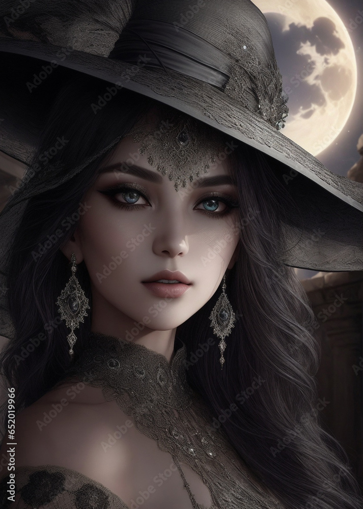 A witch on dark night giant moon background, attractive halloween witch portrait, generative ai A witch on dark night giant moon background, attractive halloween witch portrait, generative ai