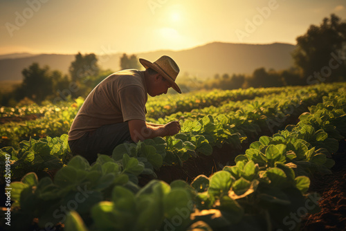 A farmer tending to rows of crops in a sunlit field. Concept of agriculture. Generative Ai.