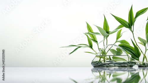 Plants growing on water with their reflections, neutral background with copy space