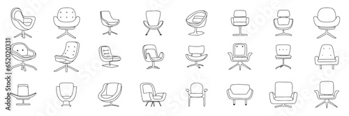 Big collection of doodle chairs. Hand drawn doodle modern armchairs. Set of armchairs outline. Vector illustration.