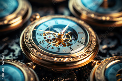 A collection of antique pocket watches, their delicate mechanisms frozen in time. Concept of horology. Generative Ai.