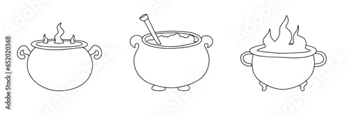 Big collection of doodle cauldrons. Hand drawn doodle Halloween decoration cauldron. Set of cauldron outline. Vector illustration.