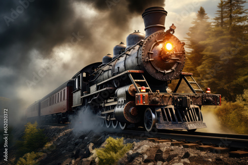A steam locomotive chugging down a railway track, a relic of early transportation. Concept of vintage trains. Generative Ai.