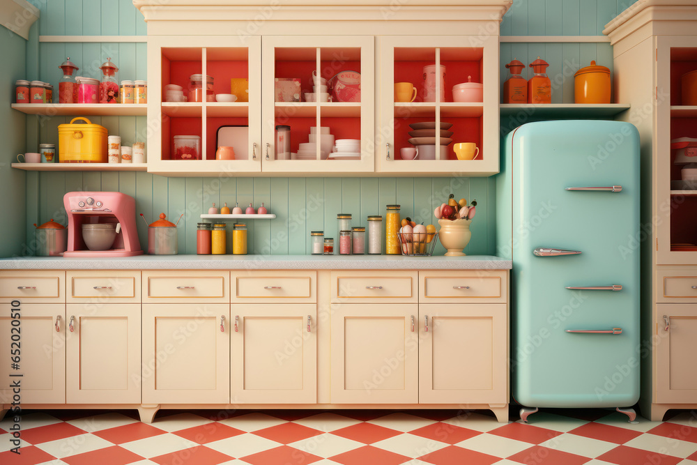 A 1950s-style kitchen with pastel-colored appliances and checkered floors. Concept of retro home design. Generative Ai.