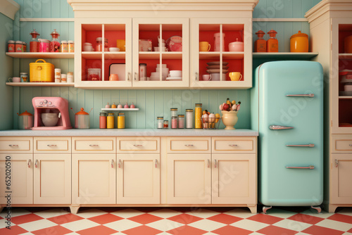 A 1950s-style kitchen with pastel-colored appliances and checkered floors. Concept of retro home design. Generative Ai. © Sebastian