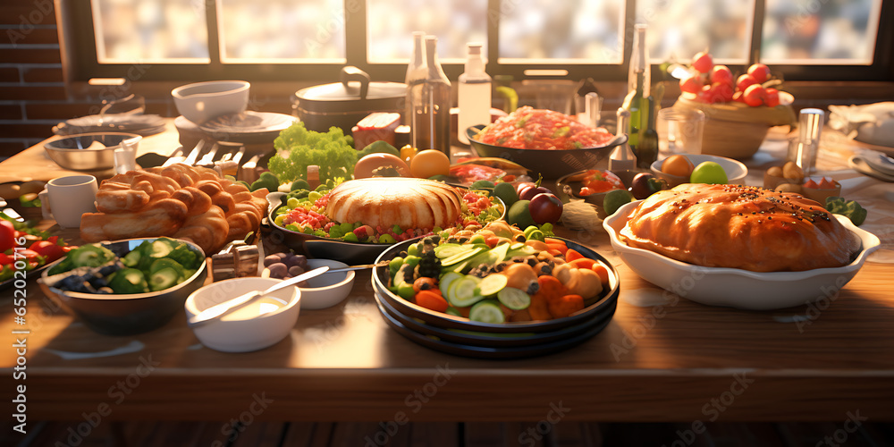table with healthy food, vegetables, generative AI table with healthy food, vegetables, generative AI