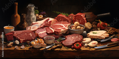 table with keto food, meat, generative ai photo