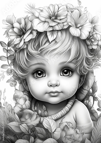 grayscale illustration of cute little fairies, coloring, fantasy, beauty
