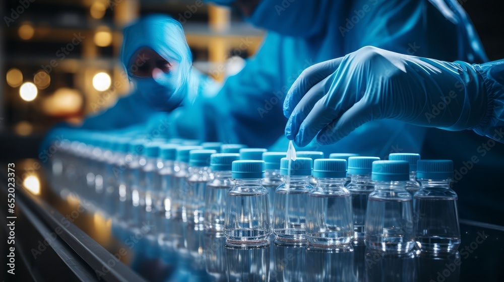 Hand with sanitary gloves check Medical vials on production Hand with sanitary gloves check Medical vials on production