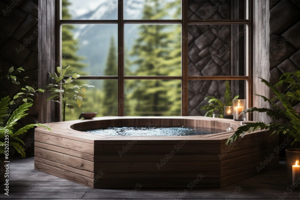 Rustic hot tub with a large window overlooking the green garden in the hotel wellness center