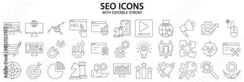 SEO icons. Set icon about SEO. SEO line icons. Search Engine Optimization. Vector Illustration. Editable stroke.