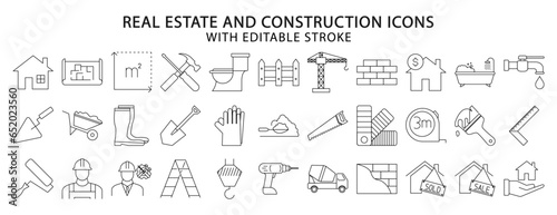 real estate and construction icons. Set icon about real estate. Set icon about construction. Line icons. Vector illustration. Editable stroke.