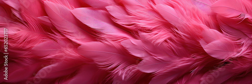 Beautiful colorful background of pink flamingo feathers, exotic tropical bird feather banner