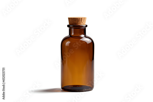 A vintage brown labelless medicine bottle with a cork cap on an isolated empty white background  - Generative AI