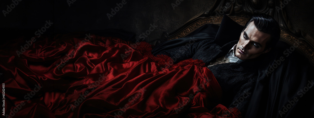 Dramatic portrait of a male vampire in black and red 