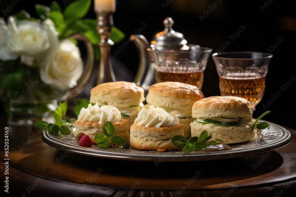 A traditional English afternoon tea spread, featuring scones, clotted cream, and cucumber sandwiches. Concept of British tea culture. Generative Ai.